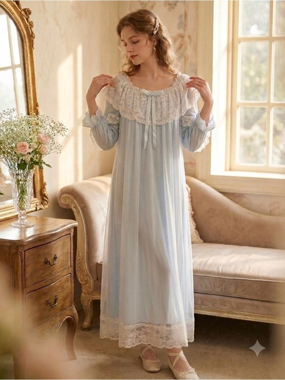 Vintage Style Baby Blue Lace Coquette Maxi Dress Cottagecore Fairycore Peignoir